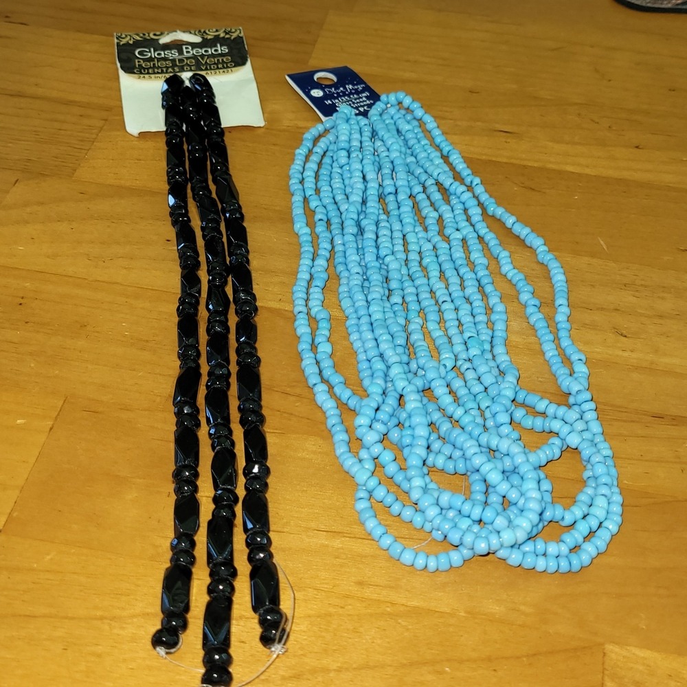 Glass Bead Craft Lot Blue Moon Turquoise Seed Beads Black Faceted Strands